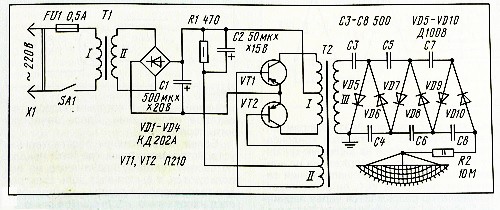 Схема высоковольтного блока питания люстры Чижевского с высоковольтным трансформатором, из журнала "Радио" №5 за 1997 год, страницы 35-36.